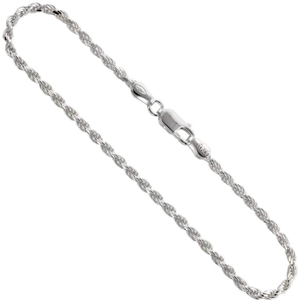 Sterling Silver Anklet Rope Chain 2.3 mm Nickel Free Italy, sizes 9 - 10 inch