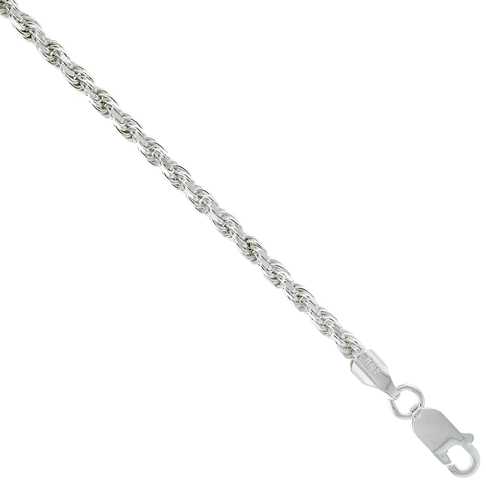 Sterling Silver Rope Chain Necklaces & Bracelets 2.6mm Diamond cut Nickel Free Italy, sizes 7 - 30 inch
