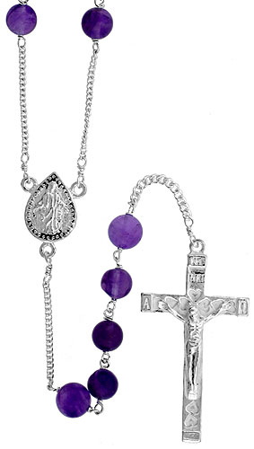 Sterling Silver Natural Amethyst Rosary Necklace 6mm Beads Mother Mary Center, 30 inch