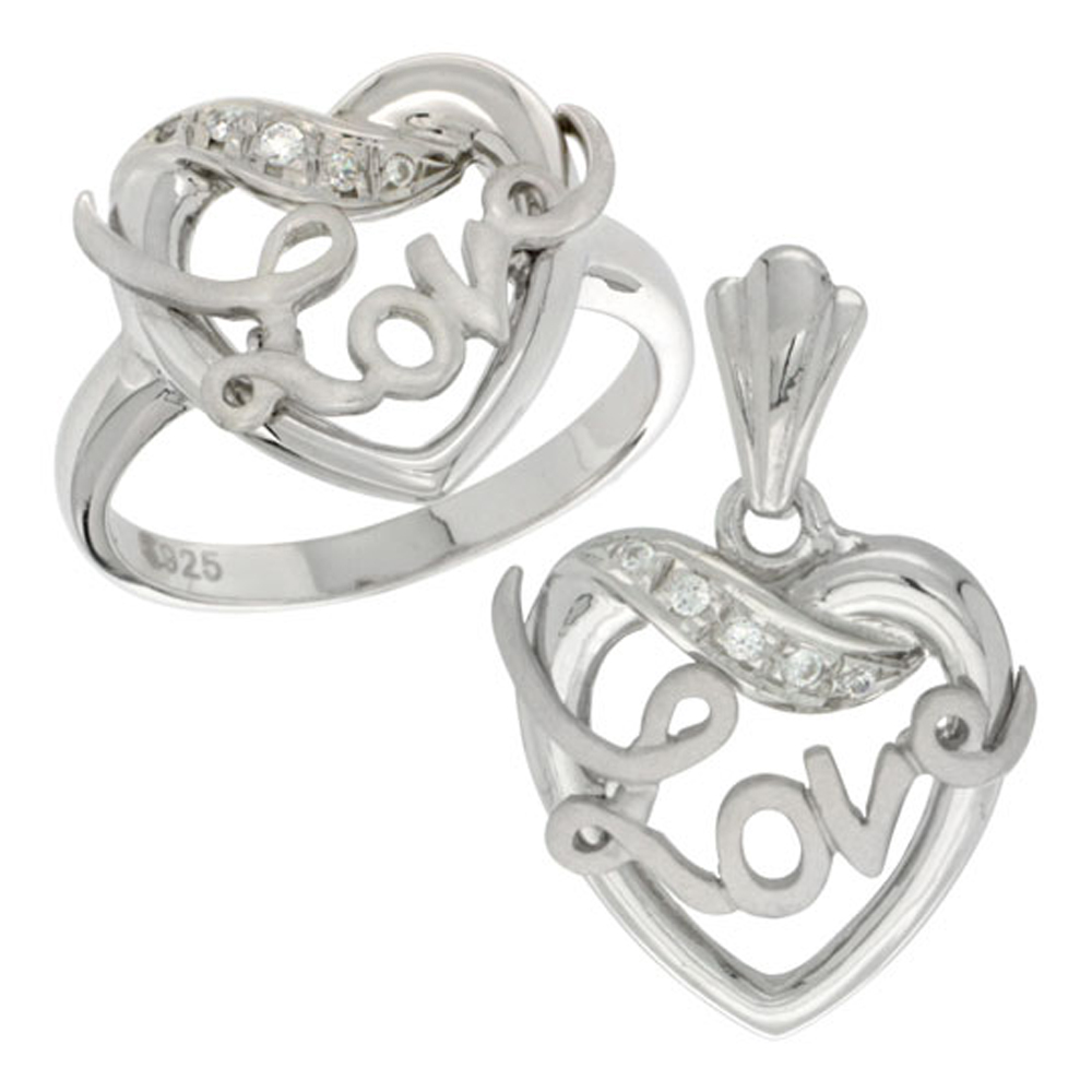 Sterling Silver LOVE Ribbon Ring & Pendant Set CZ Stones Rhodium Finished
