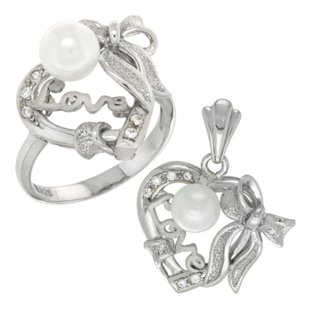 Sterling Silver Heart LOVE Bow Faux Pearl Ring & Pendant Set CZ Stones Rhodium Finished