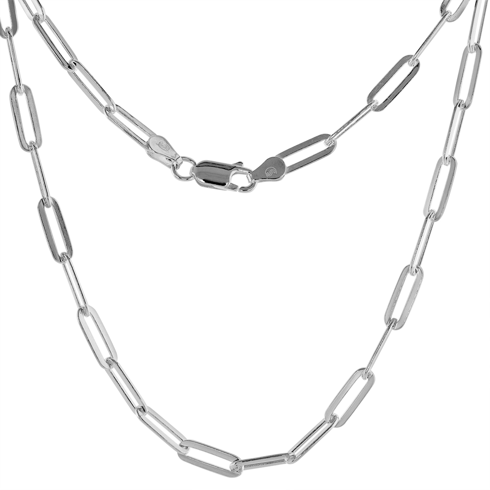 Sterling Silver 4mm Paperclip Chain Necklace for Women & Men Nickel Free Italy sizes 7 - 30 inch