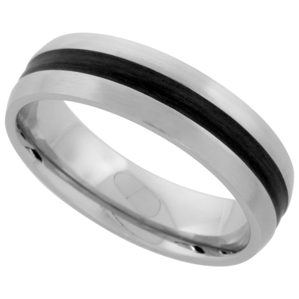 Stainless Steel Domed 6mm Wedding Band Ring Black Stripe Inlay Center Matte Finish Comfort-fit sizes 5-9