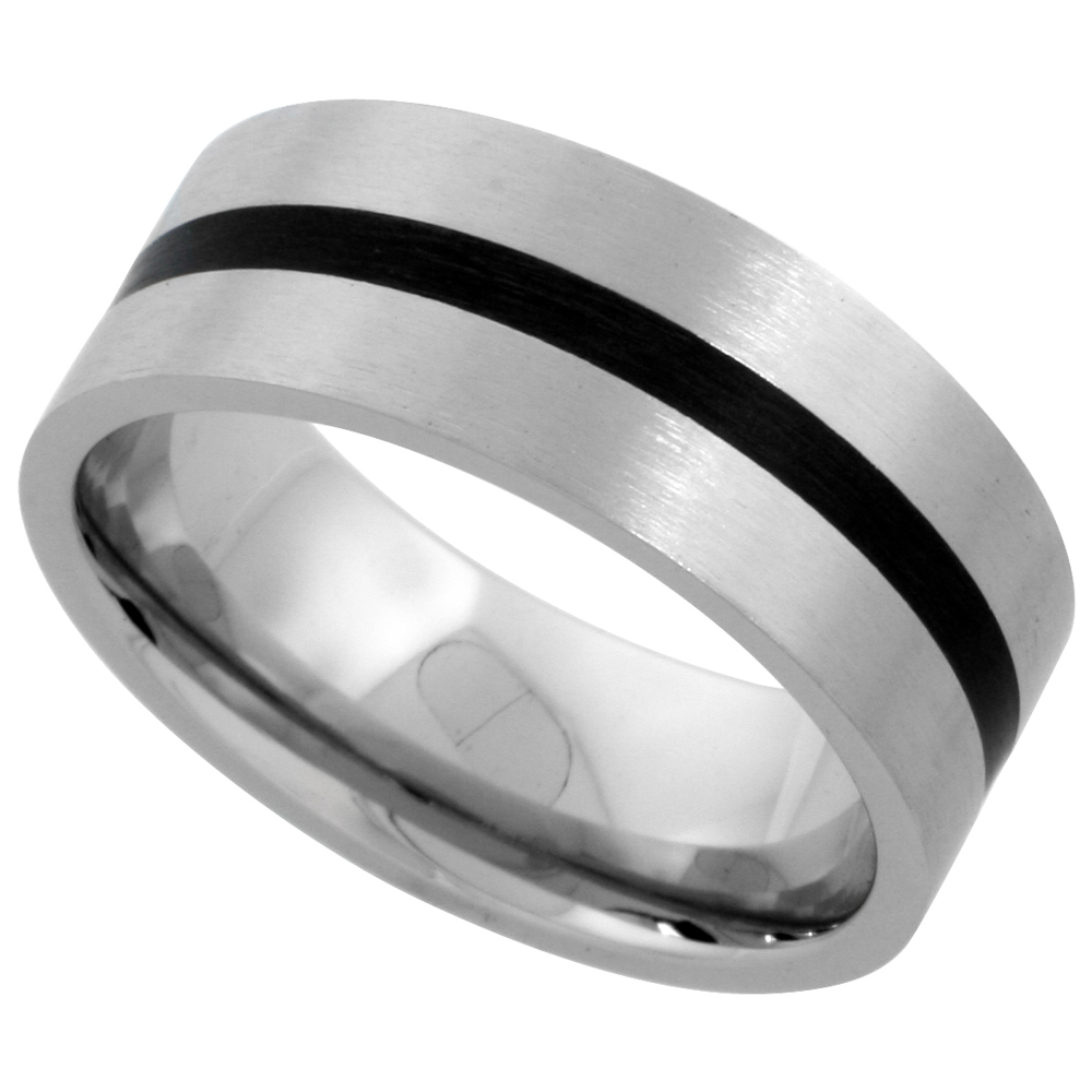 Stainless Steel 8mm Wedding Band Ring Black Stripe Inlay Center Matte Finish Comfort-fit sizes 7 - 14