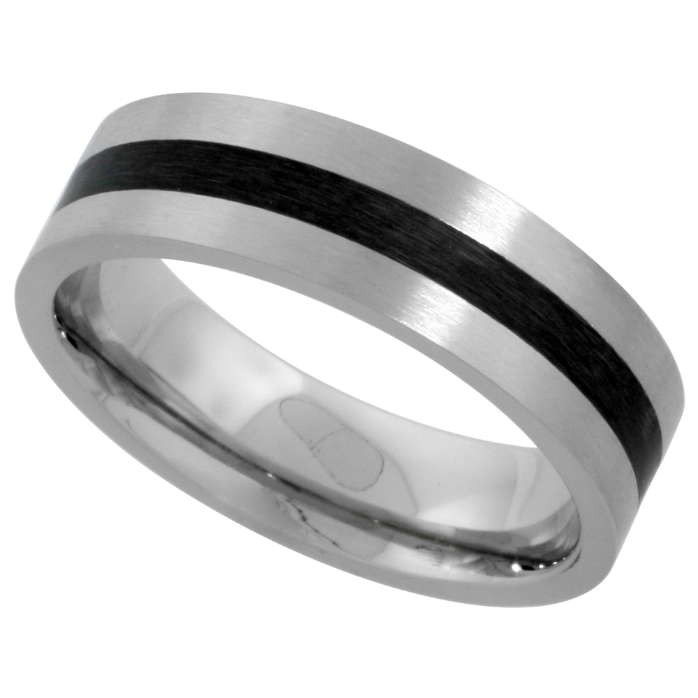 Stainless Steel 6mm Wedding Band Ring Black Stripe Inlay Center Matte Finish Comfort-fit sizes 5 - 9