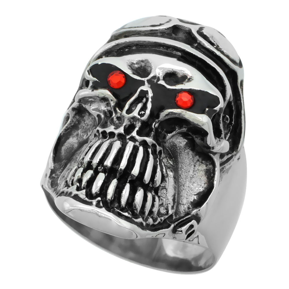 Stainless Steel Skull Ring Helmet Goggles Red CZ Eyes Biker Ring for Men 1 1/4 inch sizes 9 - 15