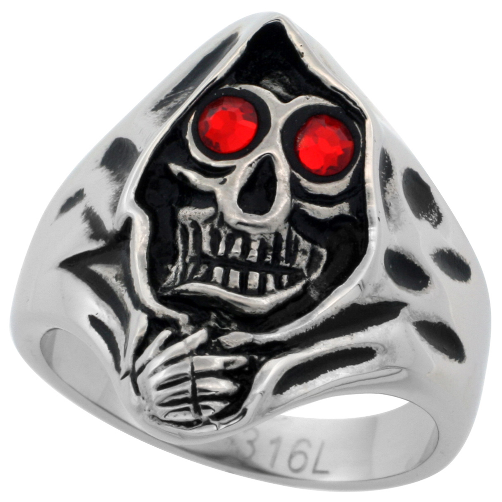 Stainless Steel Skull Ring Grim Reaper Head Red CZ Eyes Biker Ring for Men 1 inch sizes 9 - 15
