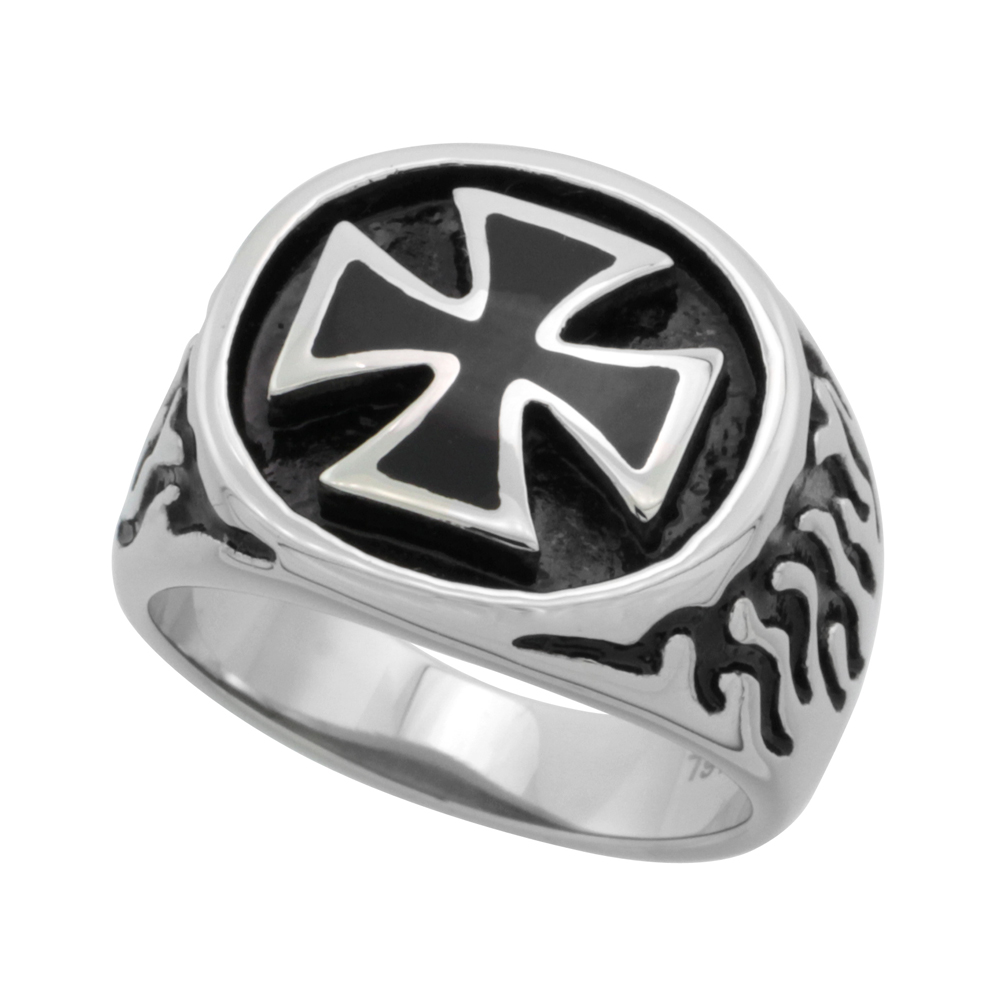 Stainless Steel Maltese Cross Ring Flames Biker Ring for Men 3/4 inch long sizes 9 - 15