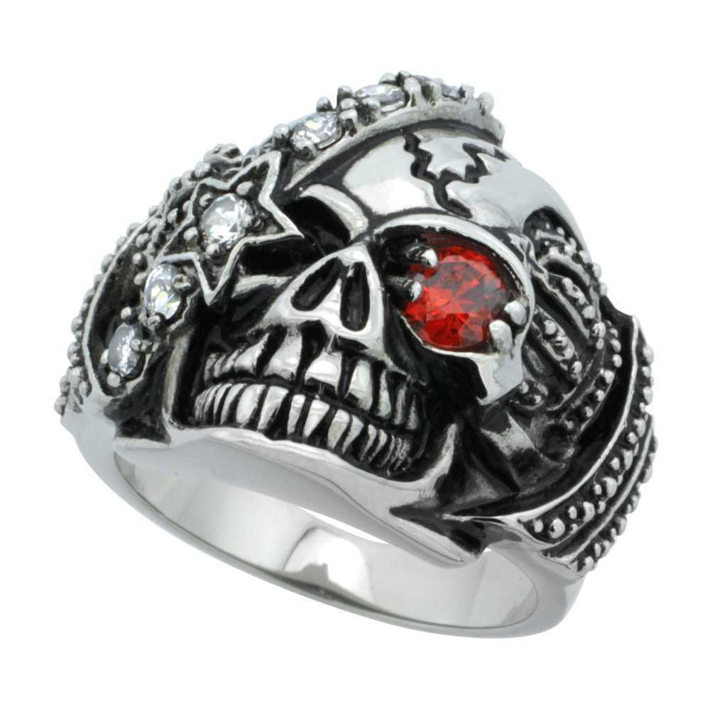 Stainless Steel Skull Ring Eye patch Red CZ Eye Crown Sides Biker Ring for Men 1 inch Sizes 9 - 15