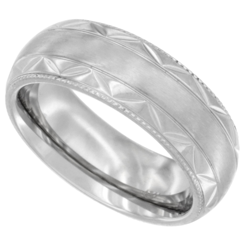 Stainless Steel 7mm Milgrain Wedding Band Ring Zigzag Edges Domed Matte Center Comfort fit sizes 6-12