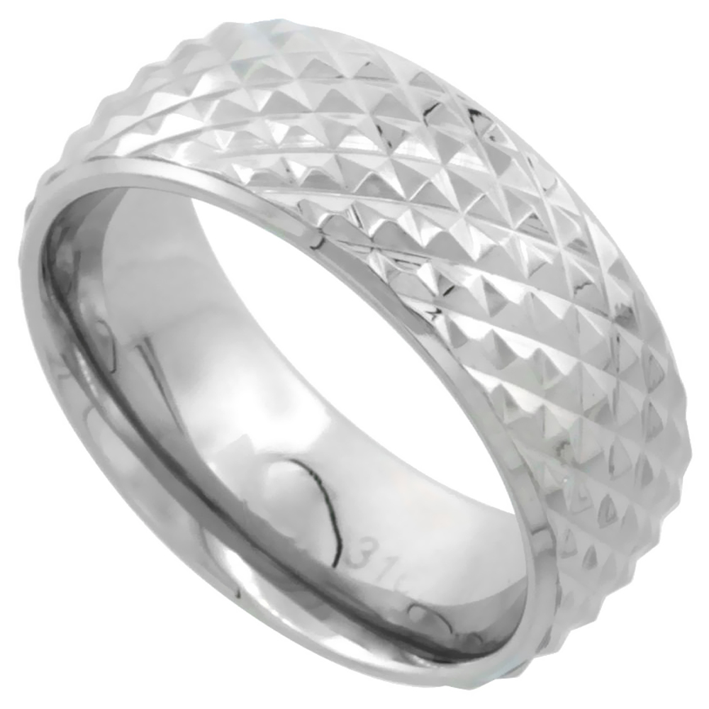 Surgical Stainless Steel Domed Wedding Band Ring Cross-Cut Teeth Pattern 8mm wide sizes 8 - 14