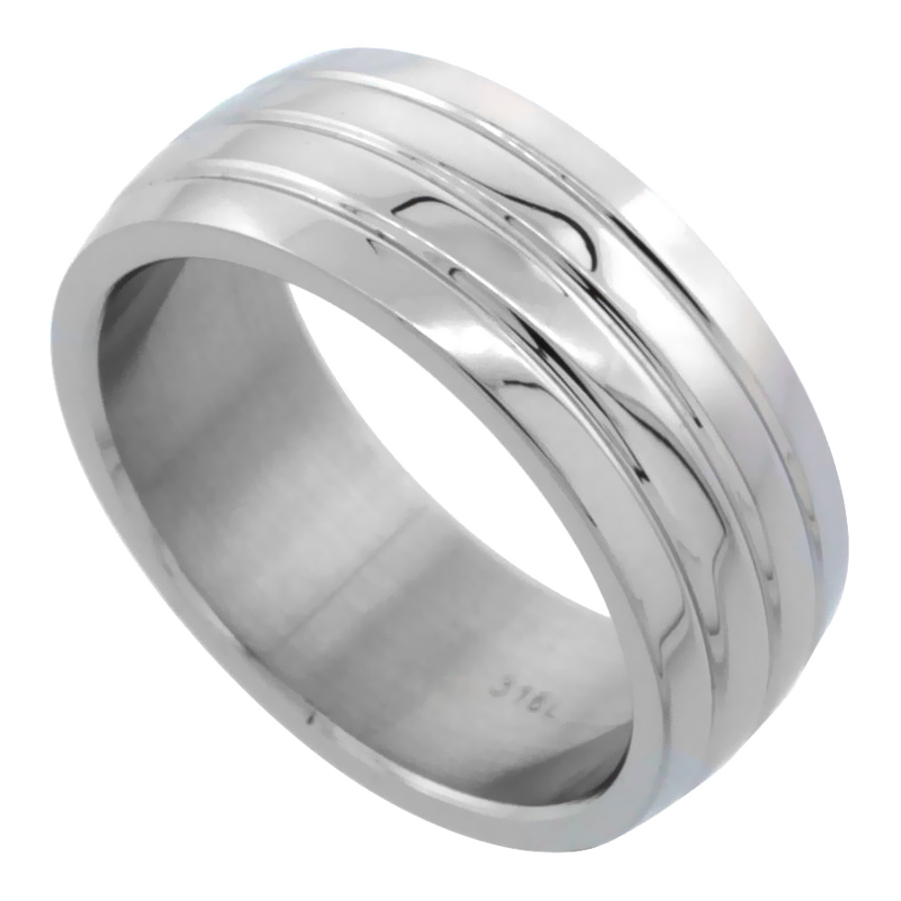 Surgical Stainless Steel Domed 8mm Wedding Band Ring 3 Grooves High Polish sizes 8 - 15