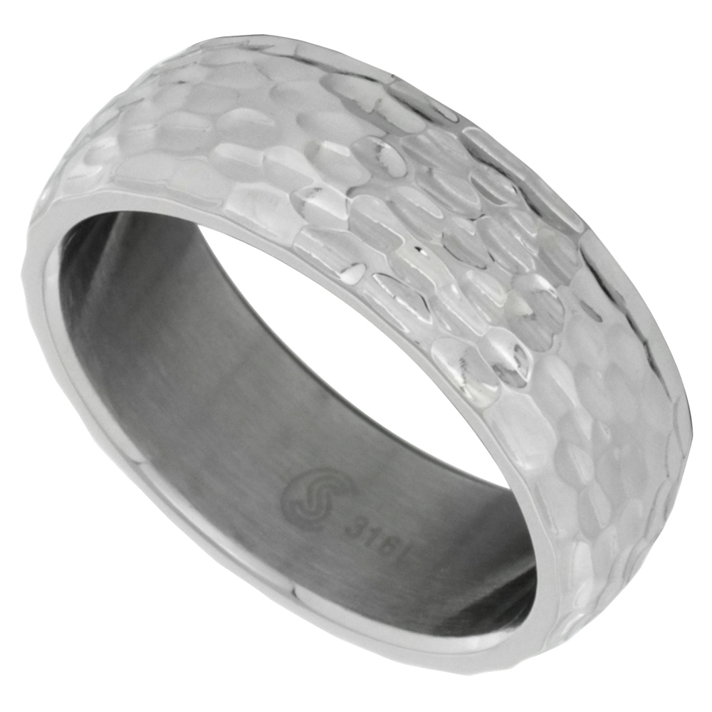 Surgical Stainless Steel 8mm Hammered Wedding Band Ring Domed Comfort-Fit sizes 9 - 12