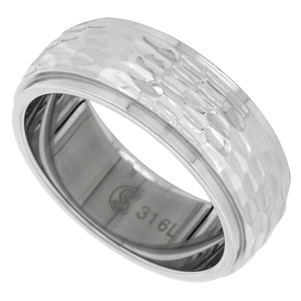 Surgical Stainless Steel 8mm Hammered Wedding Band Ring Domed Recessed Edges sizes 9 - 12
