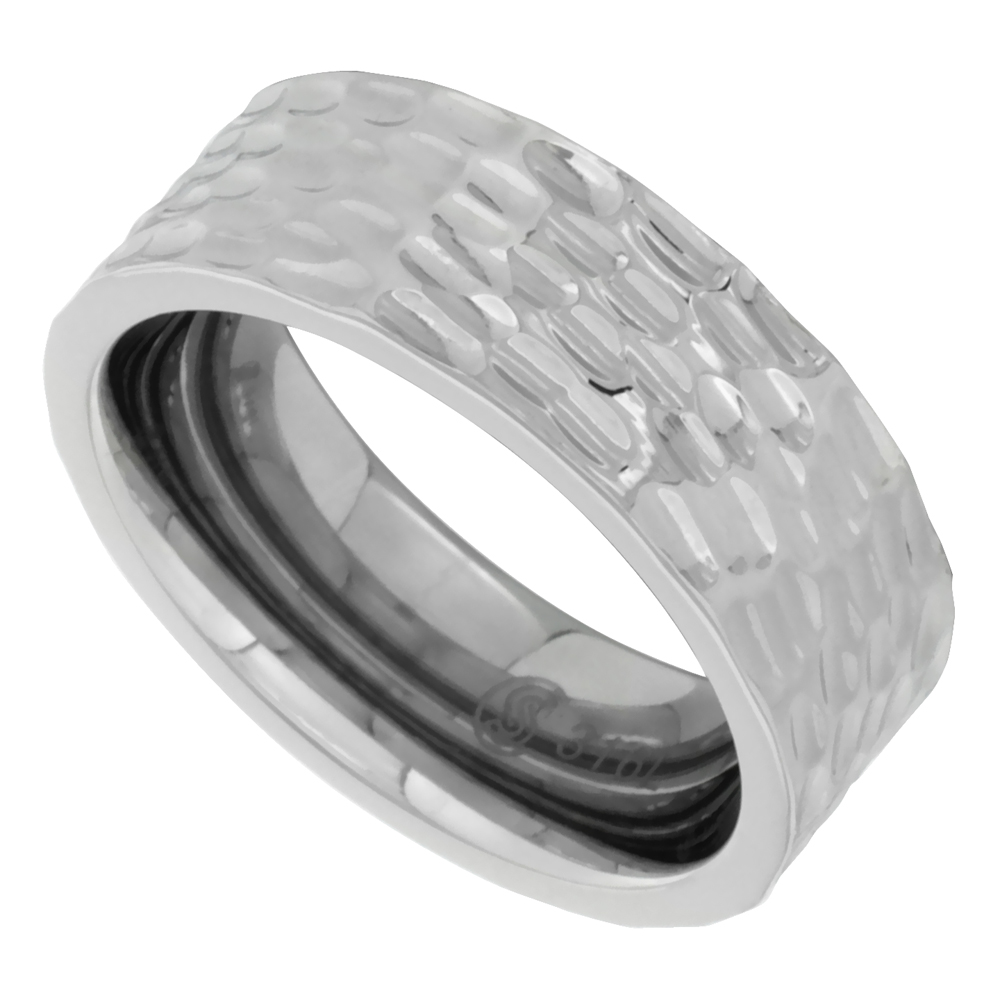 Surgical Stainless Steel 8mm Hammered Wedding Band Ring sizes 9 - 12