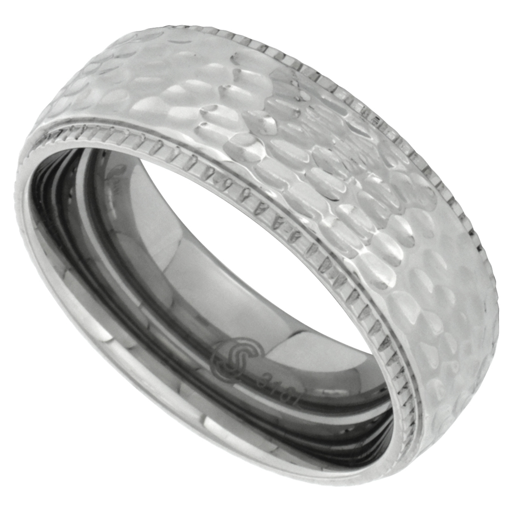 Surgical Stainless Steel 8mm Milgrain Hammered Wedding Band Ring Domed Comfort-Fit sizes 9 - 12