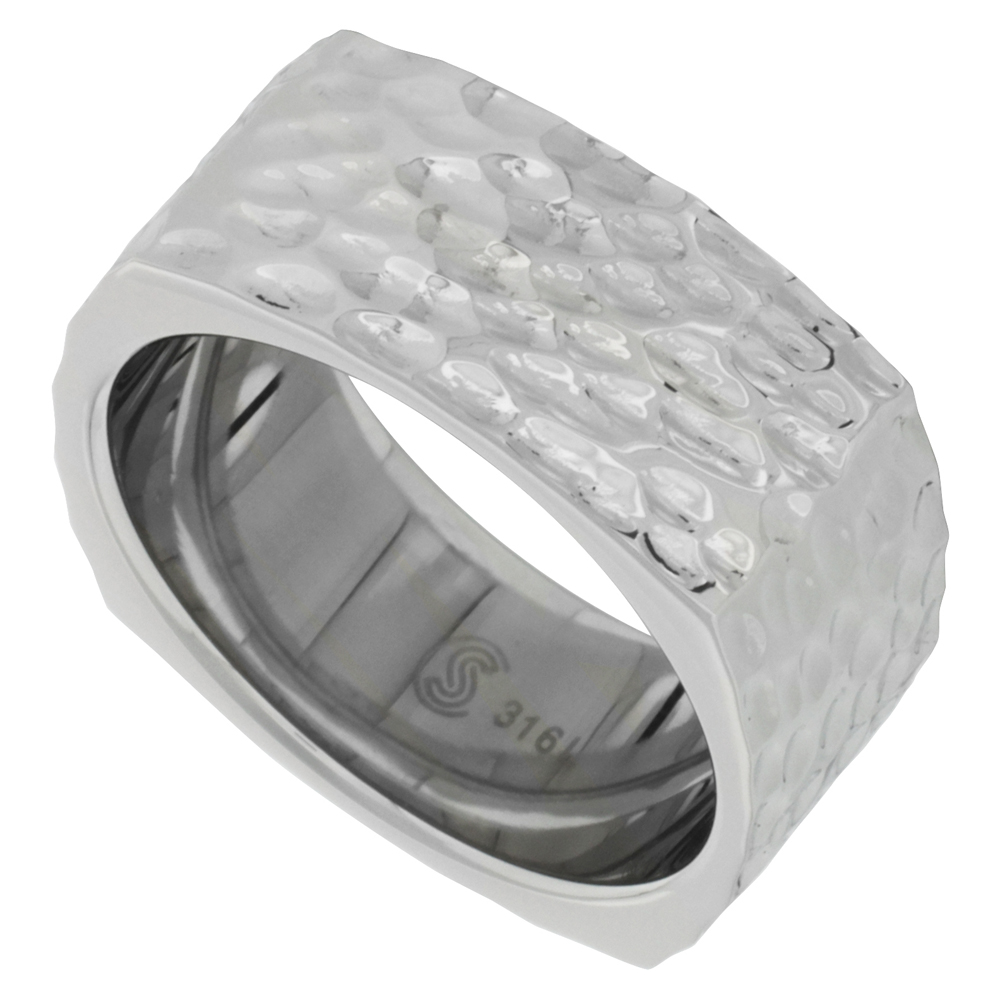 Surgical Stainless Steel 9 mm Hammered Square Wedding Band Ring sizes 9 - 12