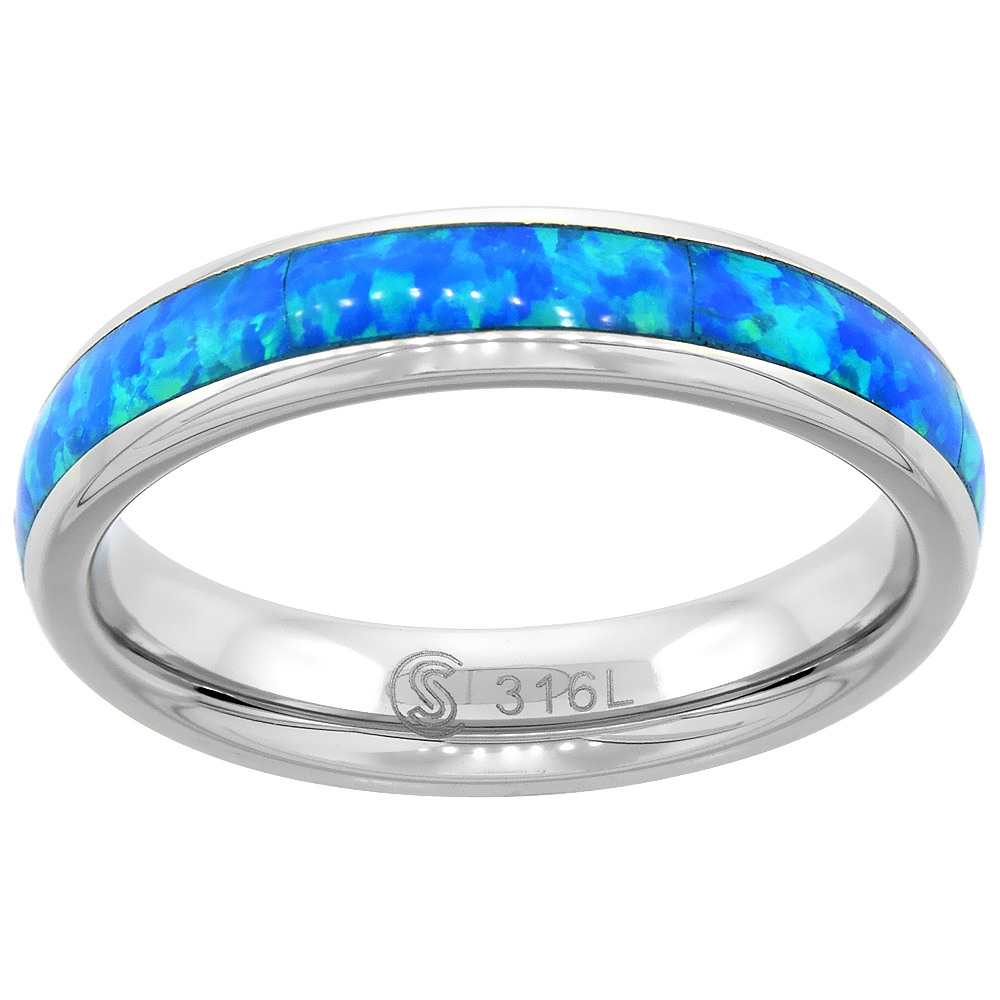 Surgical Stainless Steel 4 mm Synthetic Opal Inlaid Wedding Band Ring Domed Comfort Fit sizes 6 - 9