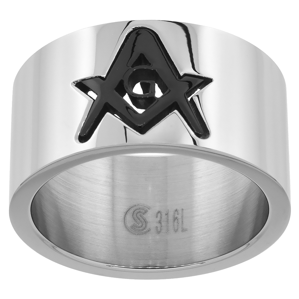 Stainless Steel Masonic Symbol Wedding Band Ring 12mm Square & Compass Black Flat Polished sizes 9 - 12