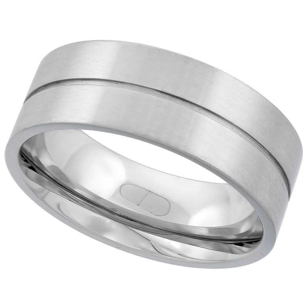 Surgical Stainless Steel 8mm Wedding Band Ring Grooved Center Matte FinishComfort fit sizes 8 - 14