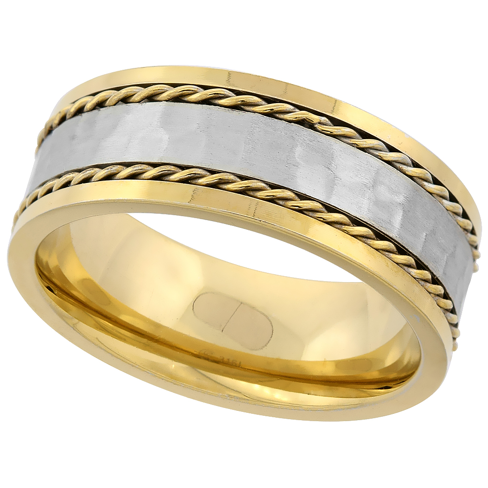 Stainless Steel 8mm Wedding Band Ring Double Rope Inlay Hammered Center Two-tone Gold sizes 8-14