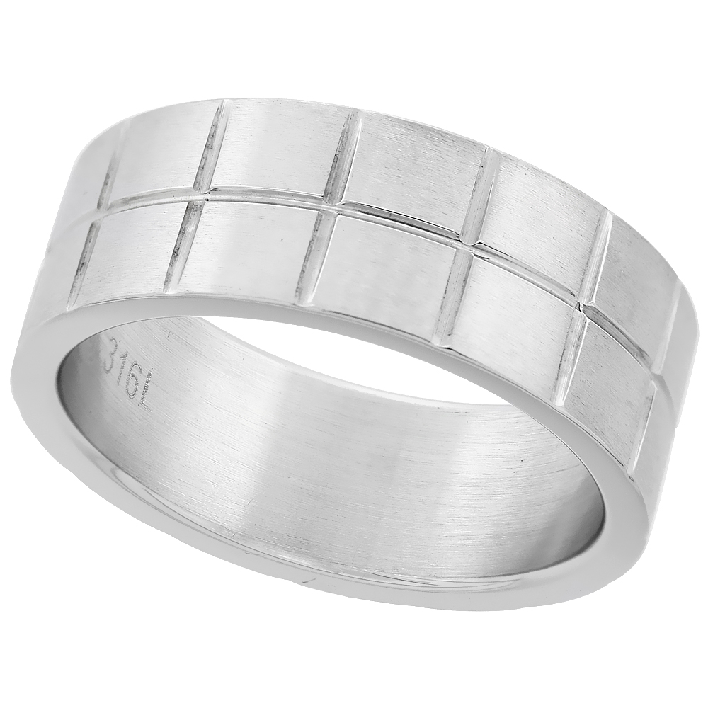 Surgical Stainless Steel 8mm Wedding Band Ring Square Blocks Matte Finish sizes 8 - 14