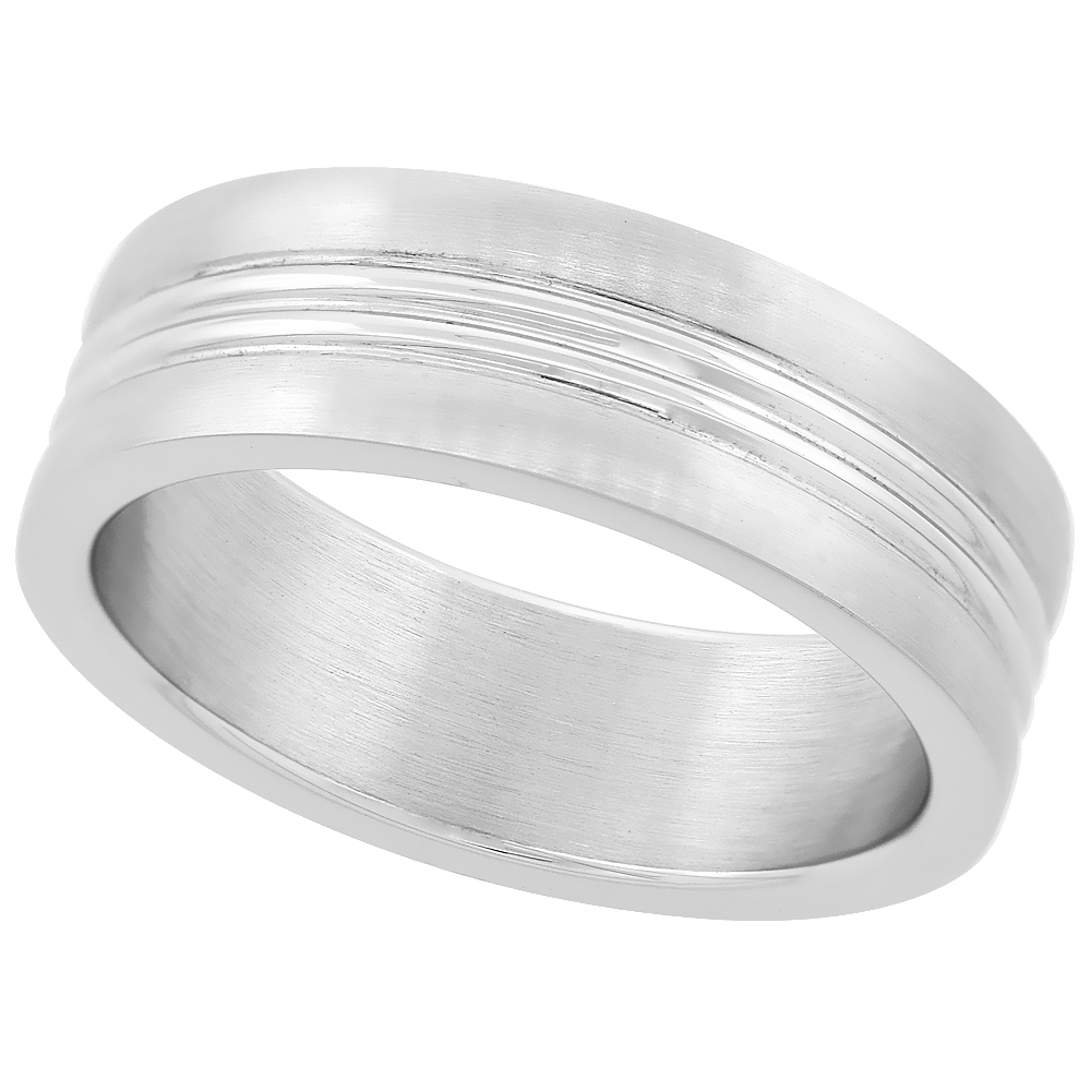 Surgical Stainless Steel 7mm Wedding Band Ring Triple Grooved Matte Finish sizes 8 - 14