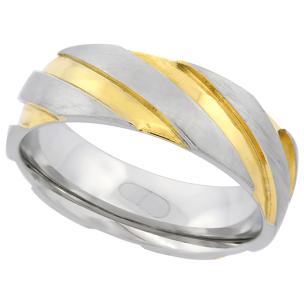 Surgical Stainless Steel 7mm Wedding Band Ring Diagonal Grooves Two-tone Gold Comfort fit sizes 8 - 14