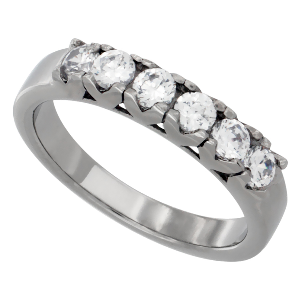 Surgical Stainless Steel Cubic Zirconia 6 stone Engagement Ring 4mm Polished Finish sizes 5 - 10