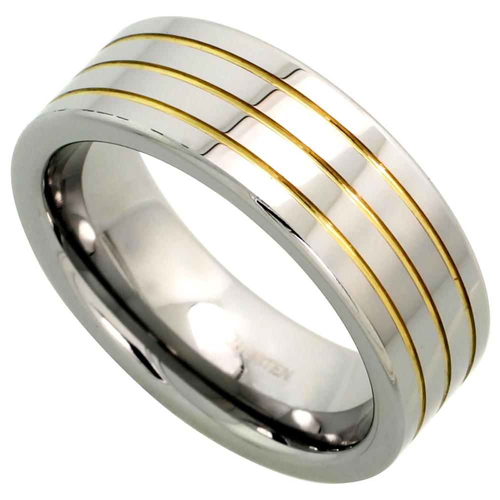 Tungsten Carbide 8 mm Flat Wedding Band Ring 3 Gold Grooves Mirror Polished Finish sizes 7 to 14