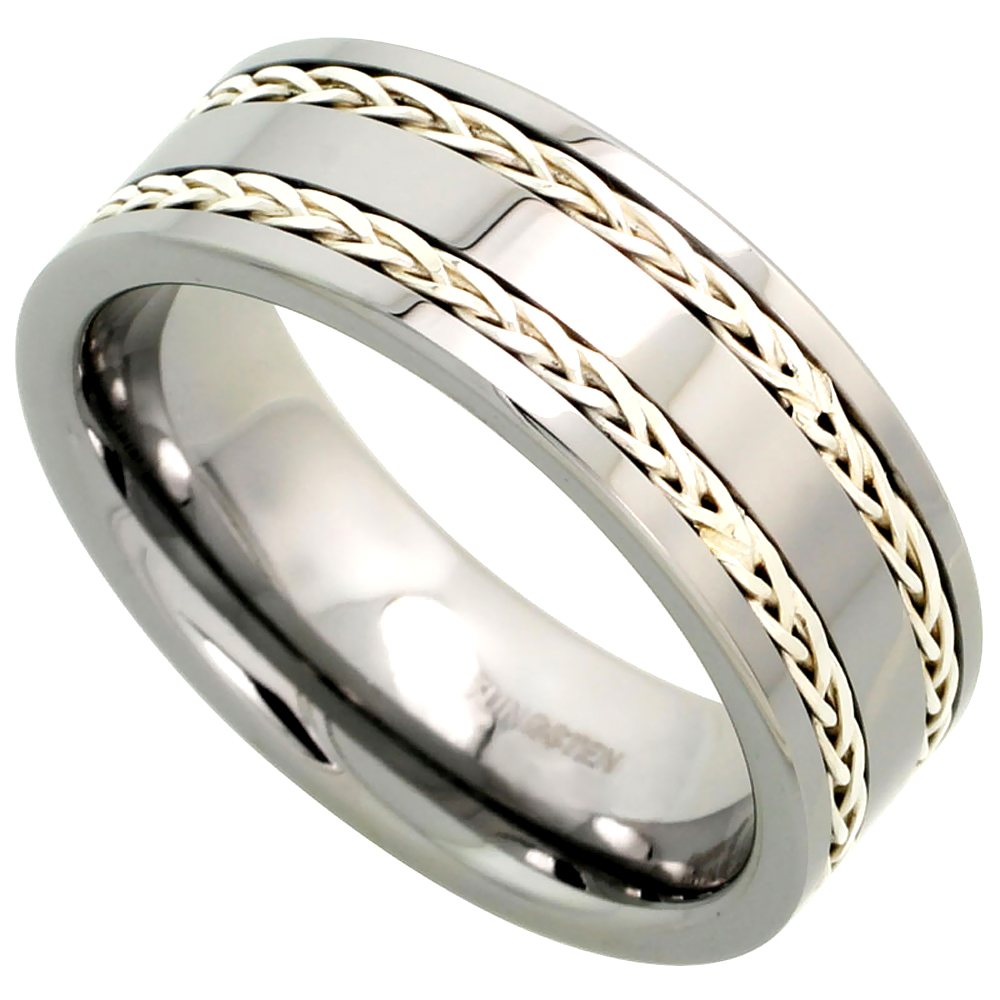 Tungsten Carbide 8 mm Flat Wedding Band Ring Double Sterling Silver Rope Inlay sizes 7 to 14