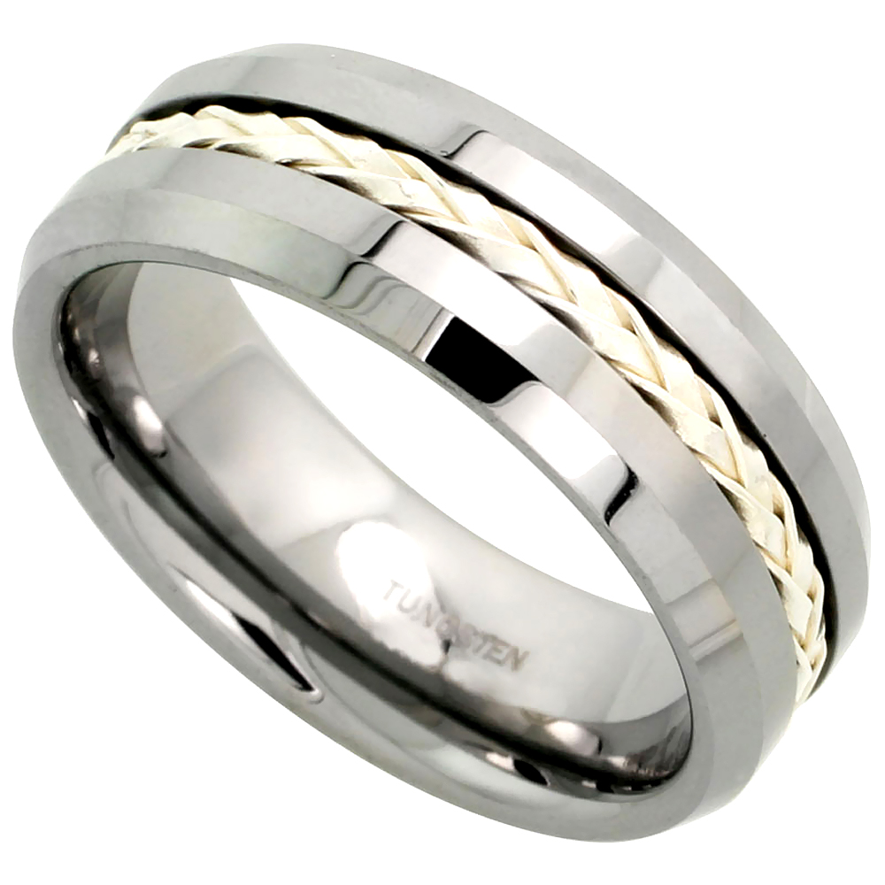 Tungsten Carbide 8 mm Flat Wedding Band Ring Sterling Silver Rope Inlay Beveled Edges sizes 7 to 14