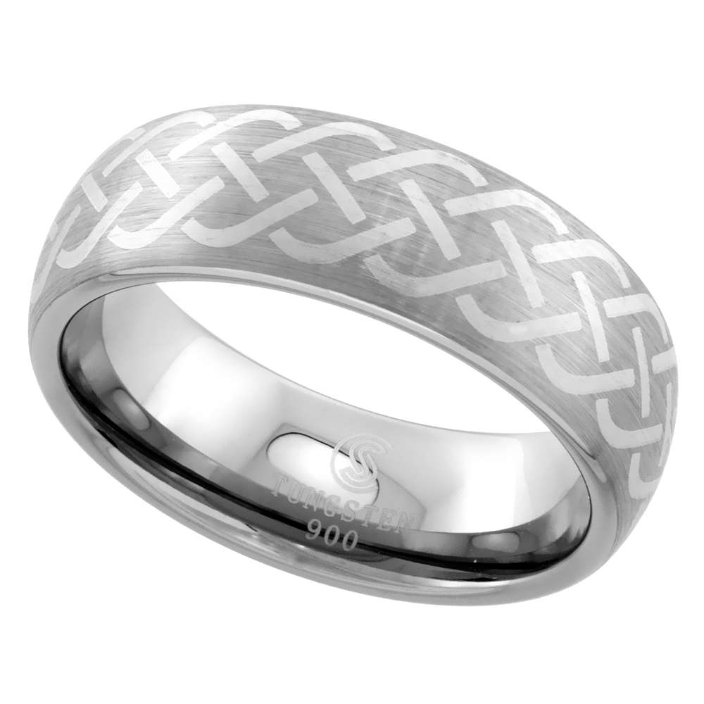 Tungsten Carbide 7 mm Domed Wedding Band Ring Brushed Finish Etched Celtic Knot Center sizes 7 to 14