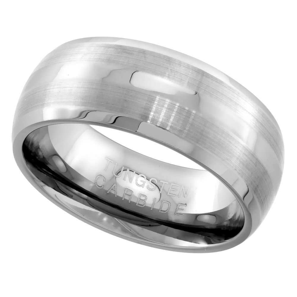 Tungsten Carbide 8 mm Dome Wedding Band Ring Double Etched Stripes Beveled Edges sizes 7 to 14