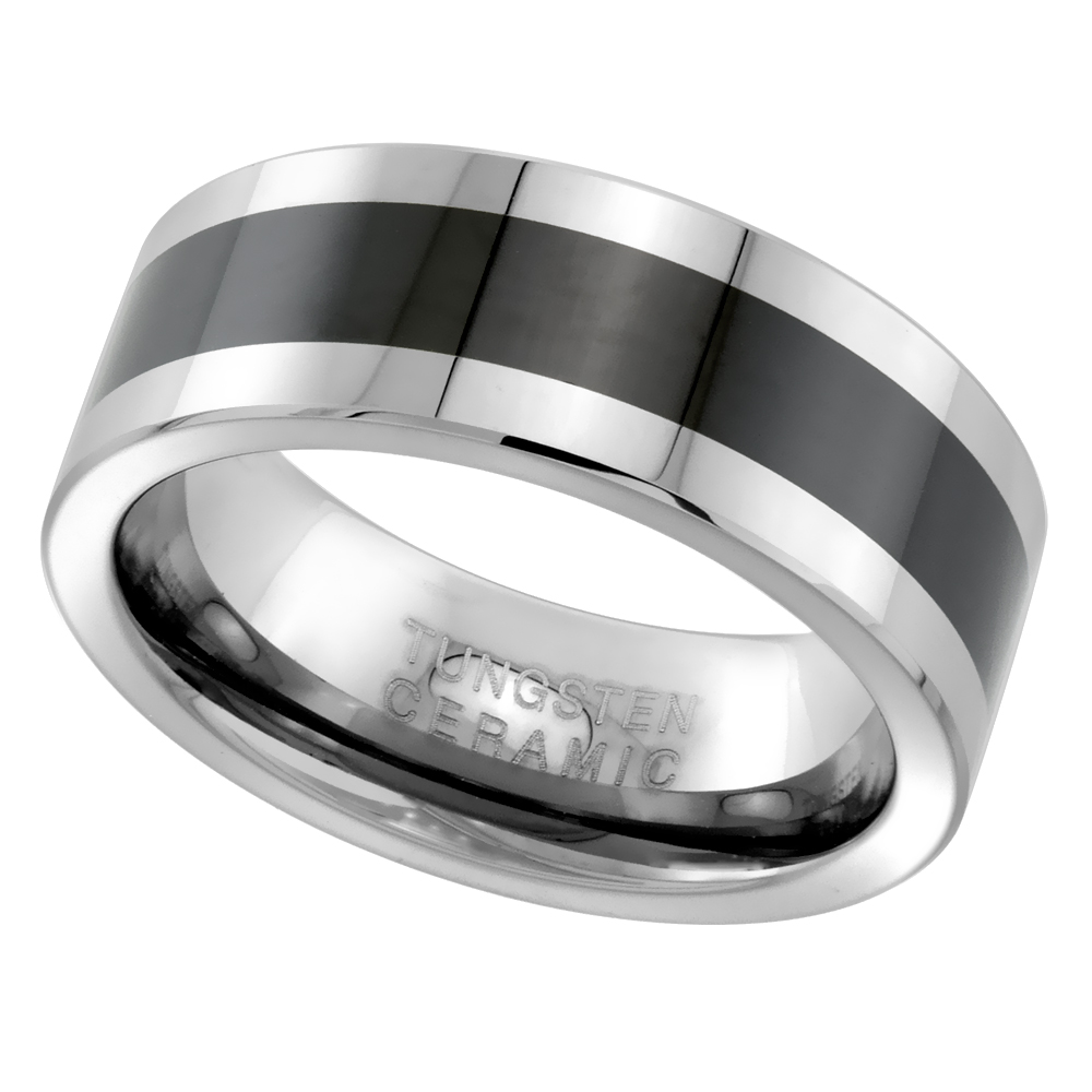 Tungsten Carbide 8 mm Flat Wedding Band Ring Black Ceramic Center Stripe Inlay sizes 9 to 14