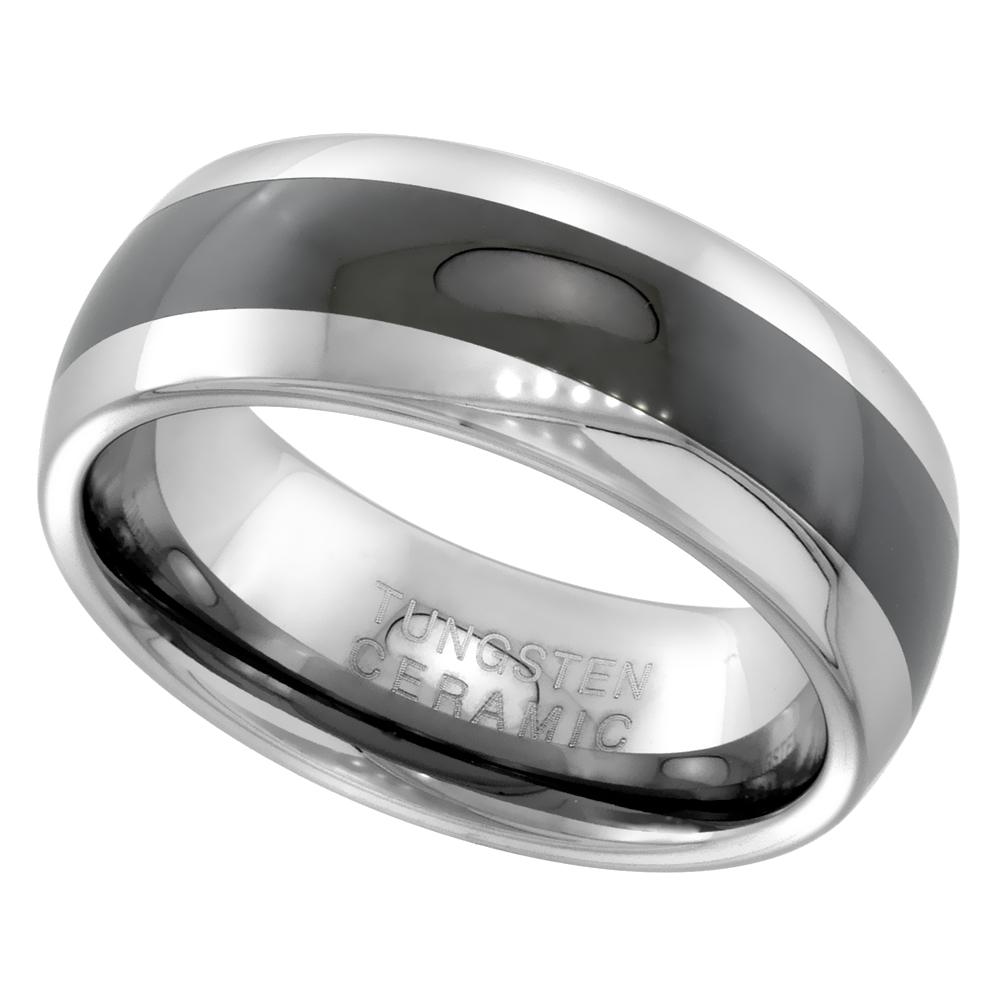 Tungsten Carbide 8 mm Domed Wedding Band Ring Black Ceramic Center Stripe Inlay sizes 9 to 14
