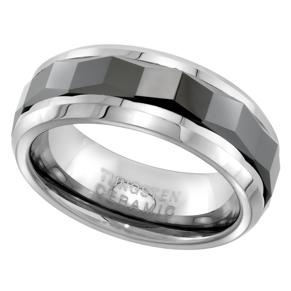 Tungsten Carbide 8 mm Flat Wedding Band Ring Prism Pattern Faceted Black Ceramic Center Stripe Inlay sizes 9 to 14