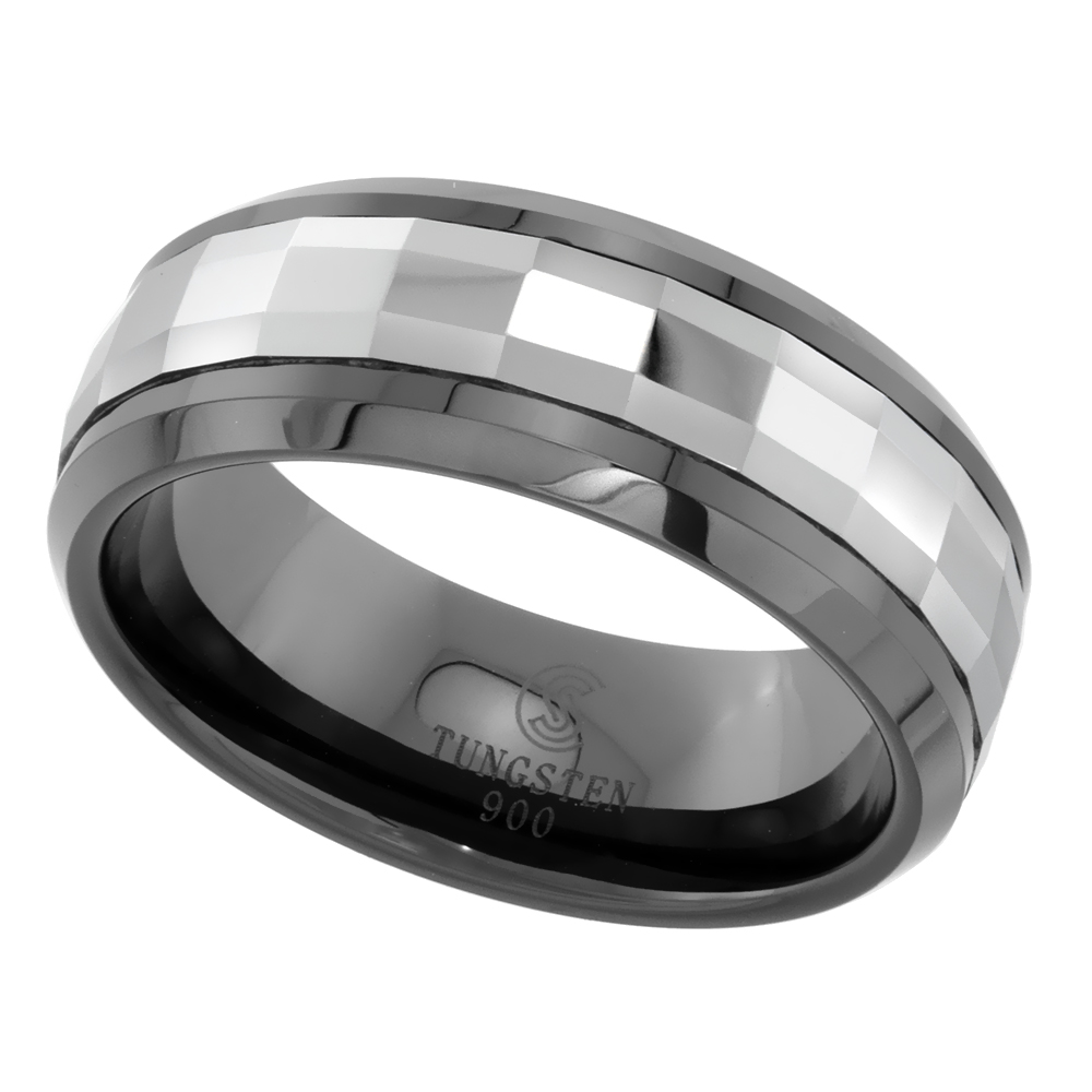 Black Ceramic Faceted Tungsten 8 mm Flat Wedding Band Ring For Men sizes 9 to 14