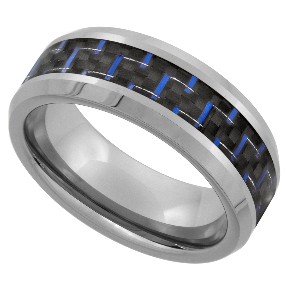 Tungsten Carbide 8 mm Flat Wedding Band Ring Blue Carbon Fiber Inlay Beveled Edges sizes 9 to 13.5