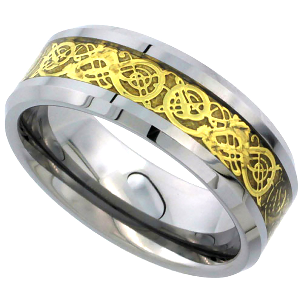 Tungsten Carbide 8 mm Flat Wedding Band Ring Gold Finish Celtic Dragon Inlay Beveled Edges, sizes 9 to 13.5
