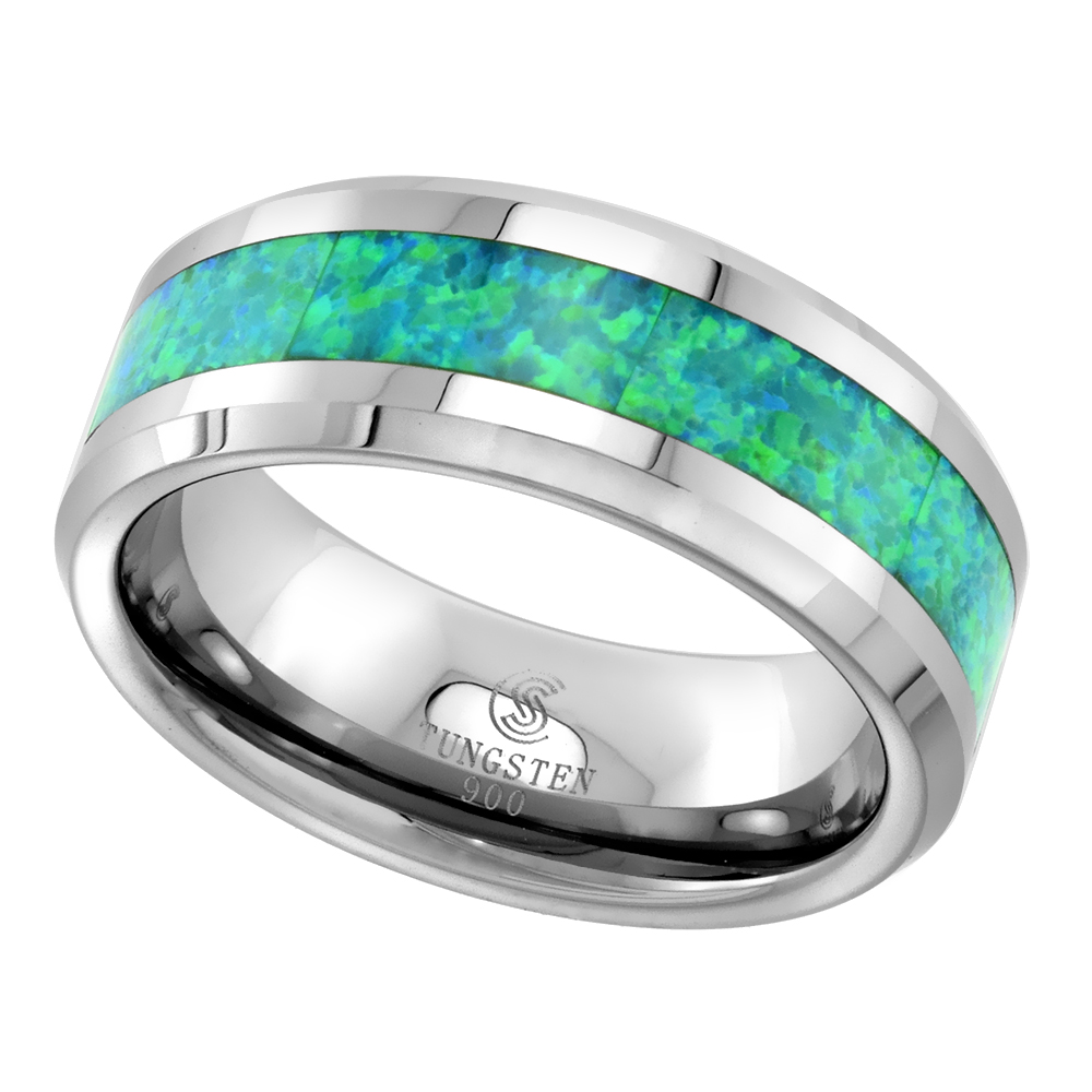 Tungsten Carbide 8 mm Flat Wedding Band Ring Green Lab Opal Inlay Beveled Edges sizes 9 to 13.5