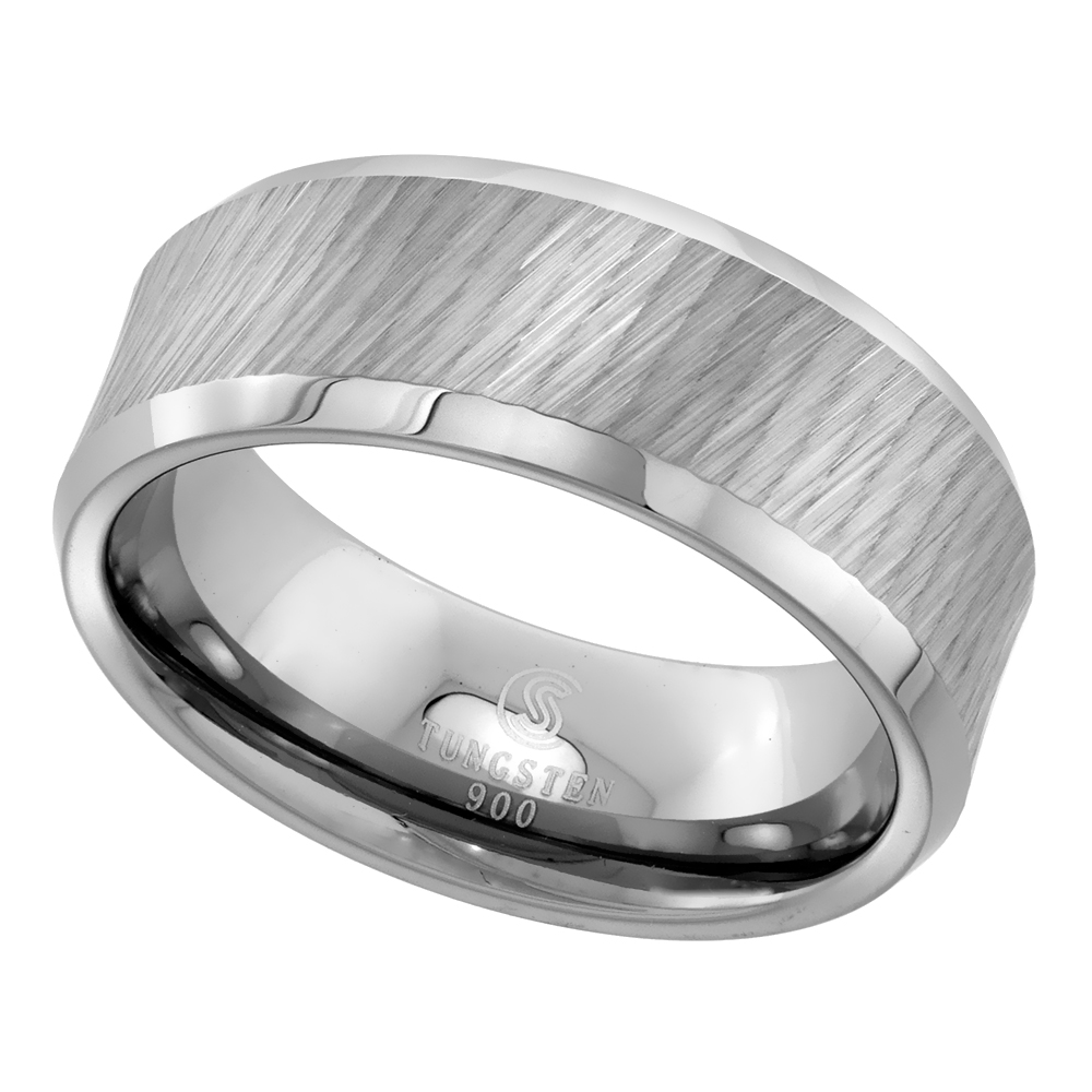 8mm Diamond Cut Tungsten Wedding Ring for Men Sparkle Finish Beveled Edges Comfort fit sizes 8 to 14