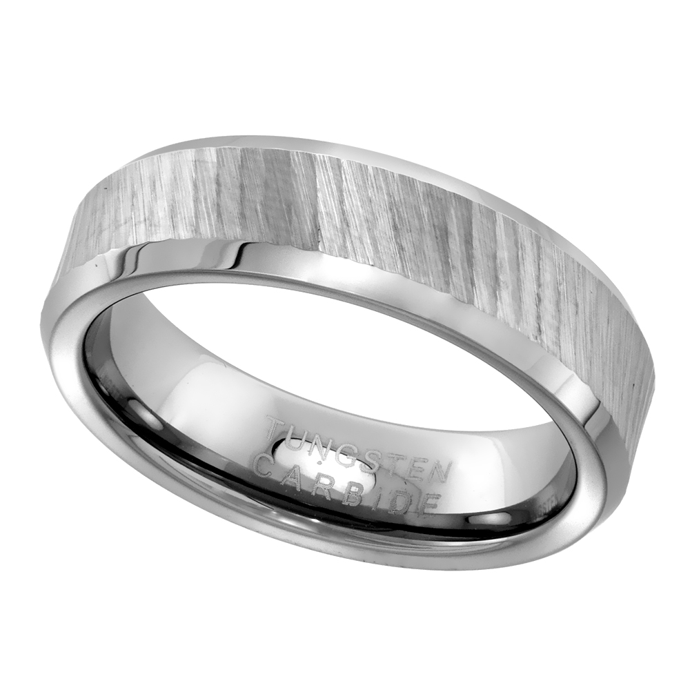 6mm Diamond Cut Tungsten Wedding Ring for Women Sparkle Finish Beveled Edges Comfort fit sizes 5 to 10