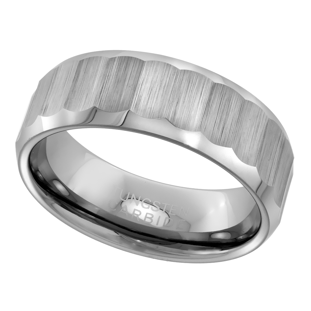 8mm Diamond Cut Tungsten Wedding Ring for Men Ribbed Bamboo Pattern Beveled Edges Comfort fit sizes 8 to 14