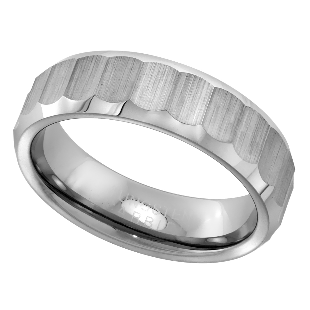 6mm Diamond Cut Tungsten Wedding Ring for Women Ribbed Bamboo Pattern Beveled Edges Comfort fit sizes 5 to 10