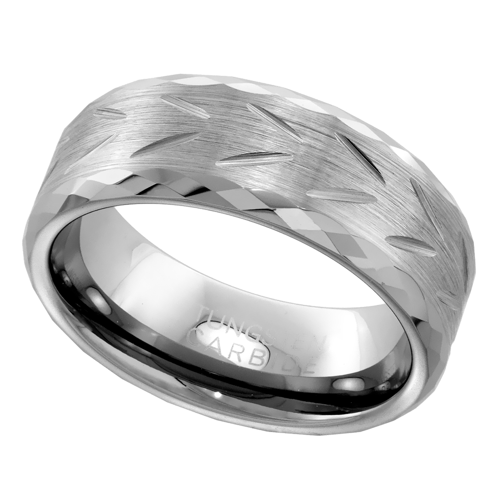 8mm Diamond Cut Tungsten Wedding Ring for Men Chevron Pattern Faceted Edges Diamond-cut Matte Finish sizes 7 to 14