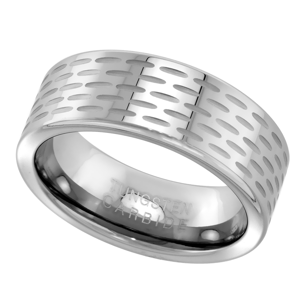 8 mm Diamond Cut Tungsten Carbide Wedding Band Ring for Men 5-rows Small Grooves Polished Finish sizes 7 to 14