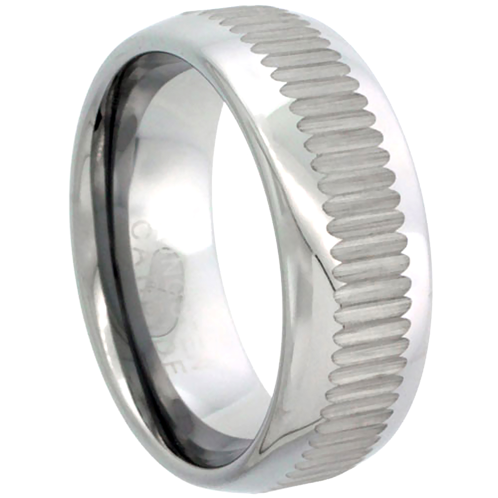 8 mm Diamond Cut Tungsten Carbide Wedding Band Ring for Men 1-row Vertical Grooves Pattern Polished Finish sizes 7 to 14