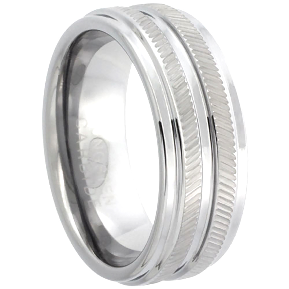 Tungsten Carbide 8 mm Flat Wedding Band Ring 2-row Diamond-cut Recessed Edges Polished Finish sizes 7 to 14