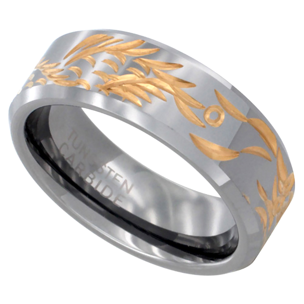 8mm Tungsten Carbide Wedding Ring Chinese Dragon Gold Tone Hand Carved Beveled Edges Comfort fit sizes 9 - 12
